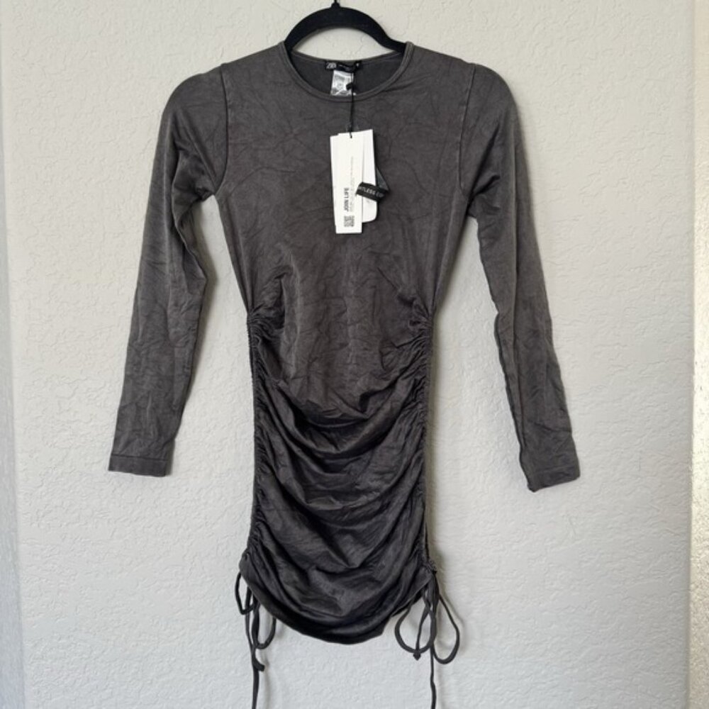 Zara Women's Midi Dress XS Grey Long Sleeve Midi Crew‎ Neck Bodycon New With Tag